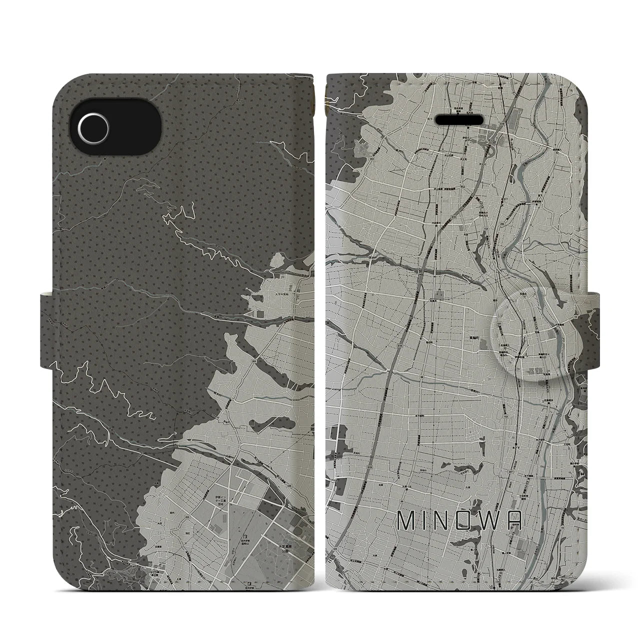【箕輪(長野県)】地図柄iPhoneケース(手帳タイプ)モノトーン・iPhone SE(第3 / 第2世代) / 8 / 7 / 6s / 6 用