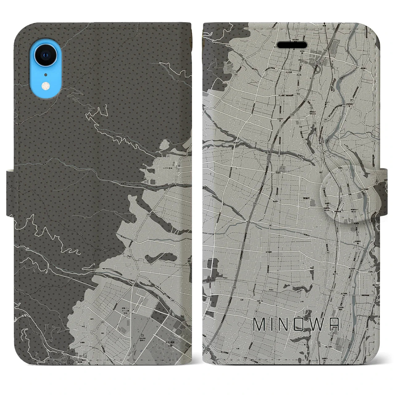 【箕輪(長野県)】地図柄iPhoneケース(手帳タイプ)モノトーン・iPhone XR 用