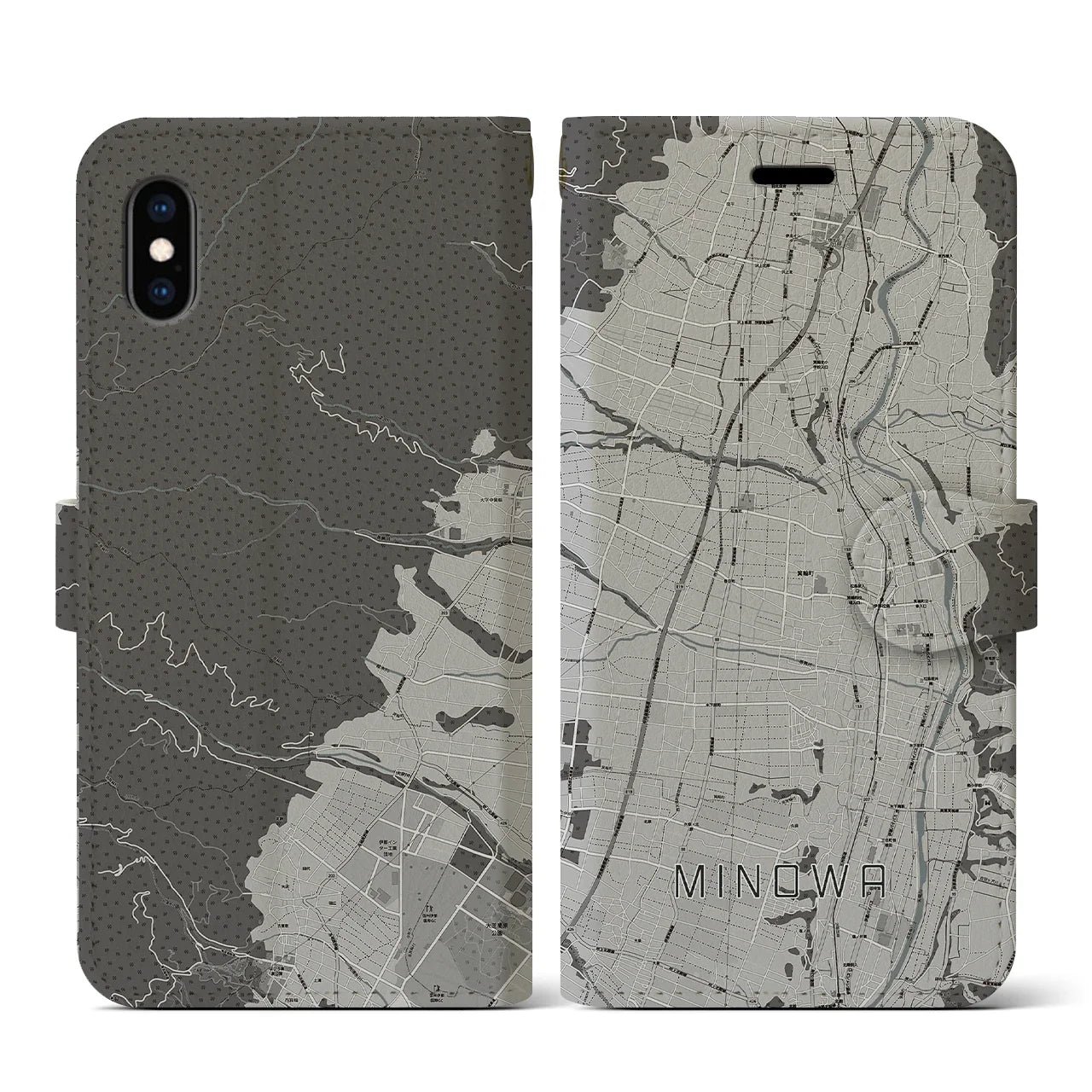 【箕輪(長野県)】地図柄iPhoneケース(手帳タイプ)モノトーン・iPhone XS / X 用