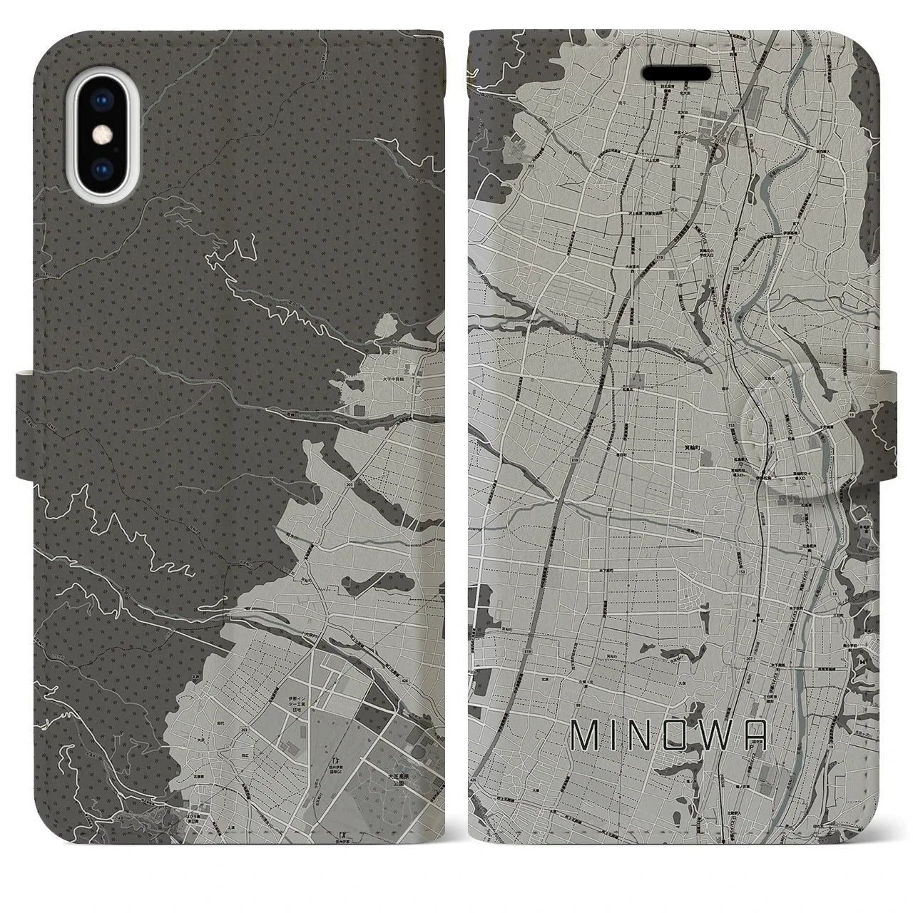 【箕輪(長野県)】地図柄iPhoneケース(手帳タイプ)モノトーン・iPhone XS Max 用