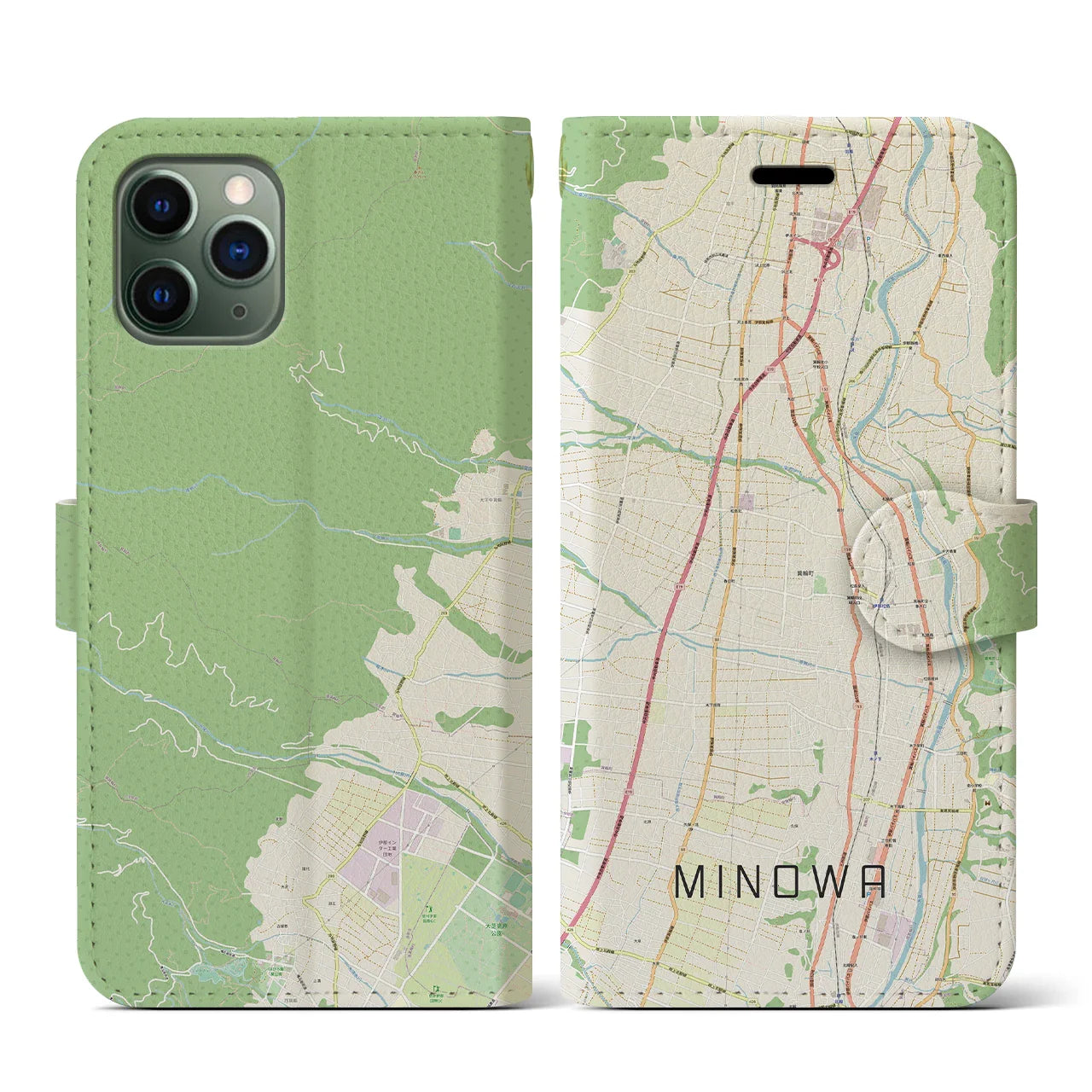 【箕輪(長野県)】地図柄iPhoneケース(手帳タイプ)ナチュラル・iPhone 11 Pro 用