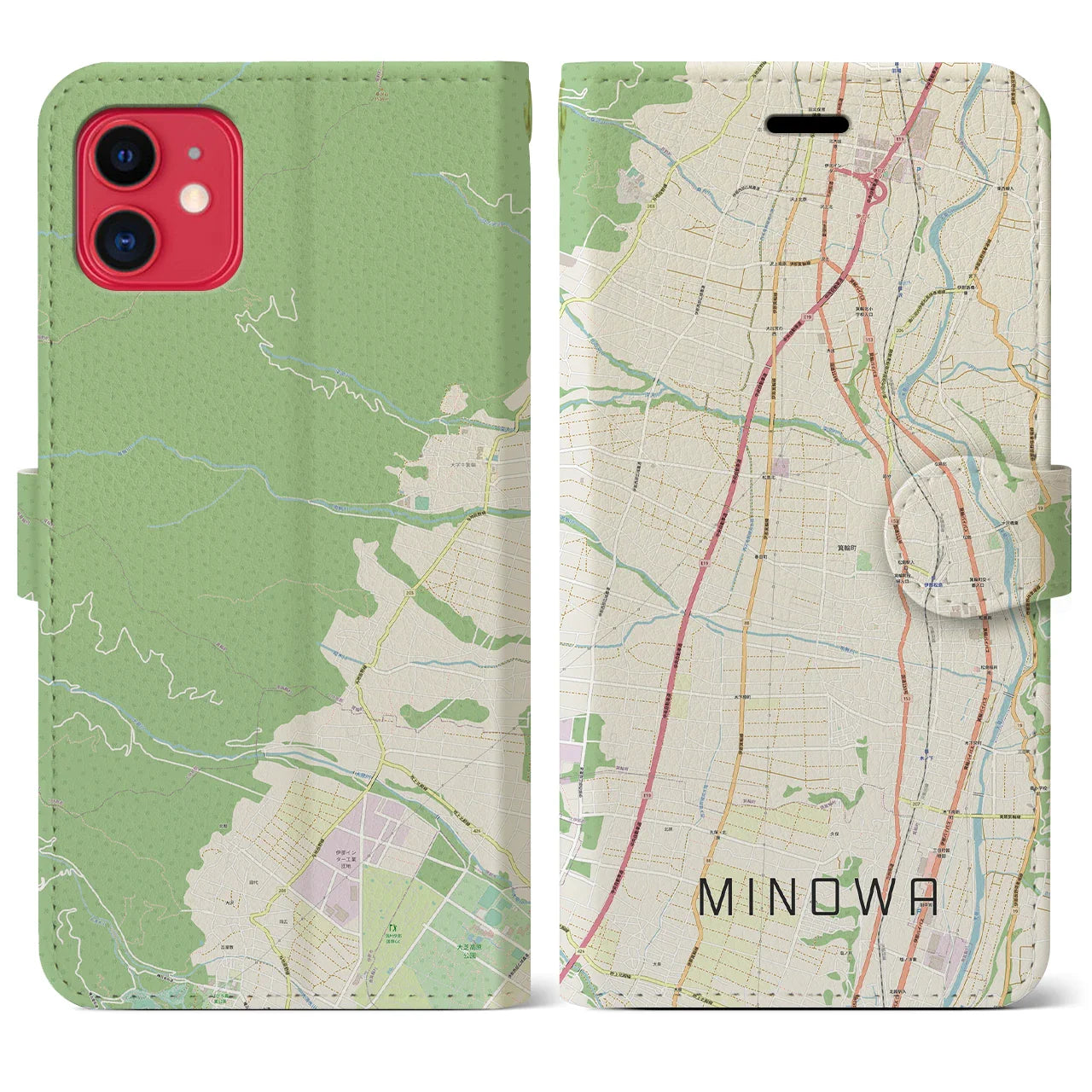【箕輪(長野県)】地図柄iPhoneケース(手帳タイプ)ナチュラル・iPhone 11 用