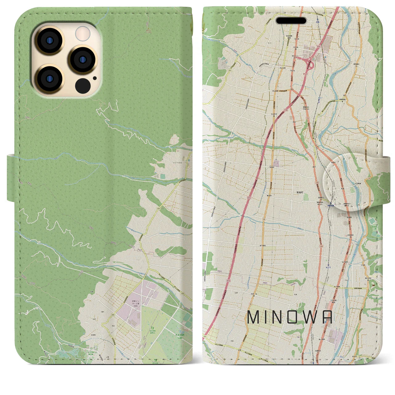 【箕輪(長野県)】地図柄iPhoneケース(手帳タイプ)ナチュラル・iPhone 12 Pro Max 用