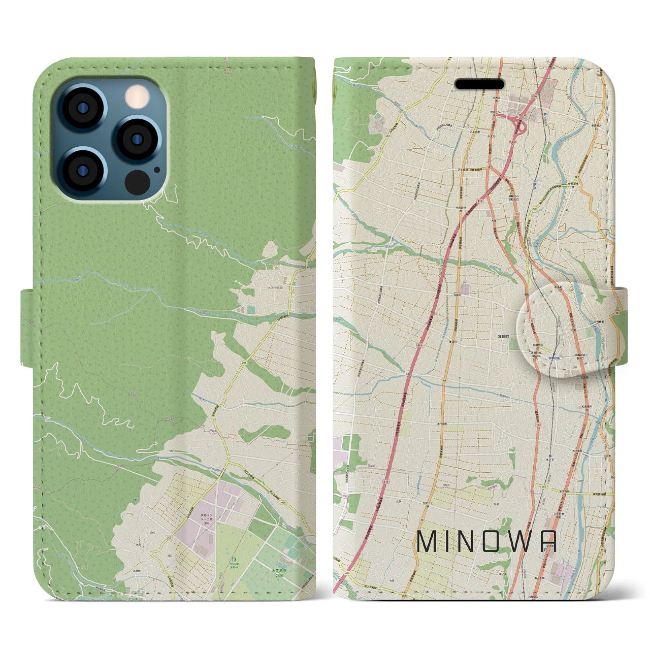 【箕輪(長野県)】地図柄iPhoneケース(手帳タイプ)ナチュラル・iPhone 12 / 12 Pro 用