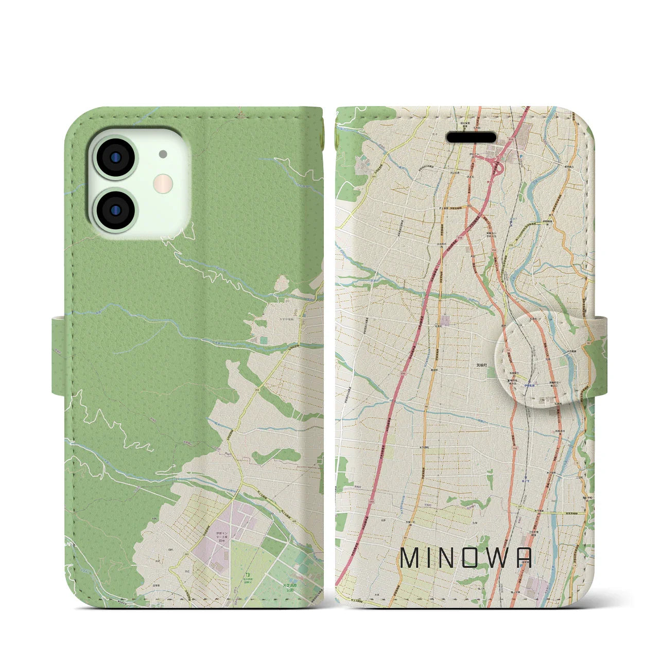 【箕輪(長野県)】地図柄iPhoneケース(手帳タイプ)ナチュラル・iPhone 12 mini 用