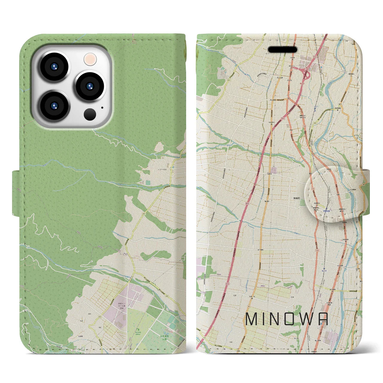 【箕輪(長野県)】地図柄iPhoneケース(手帳タイプ)ナチュラル・iPhone 13 Pro 用