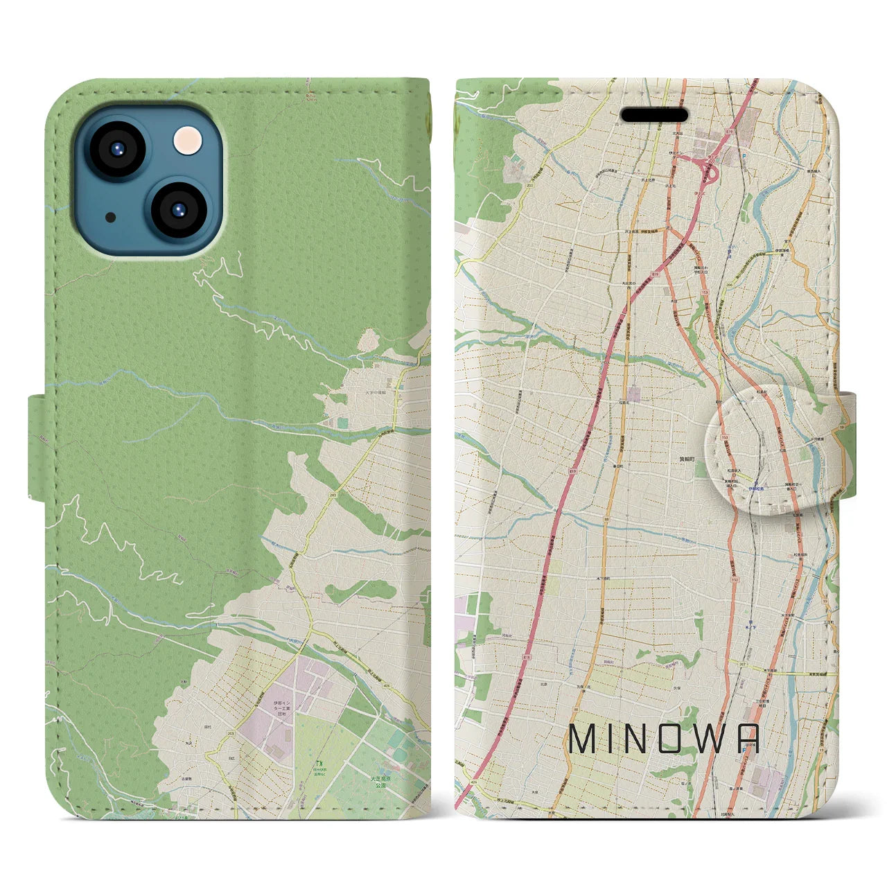 【箕輪(長野県)】地図柄iPhoneケース(手帳タイプ)ナチュラル・iPhone 13 用