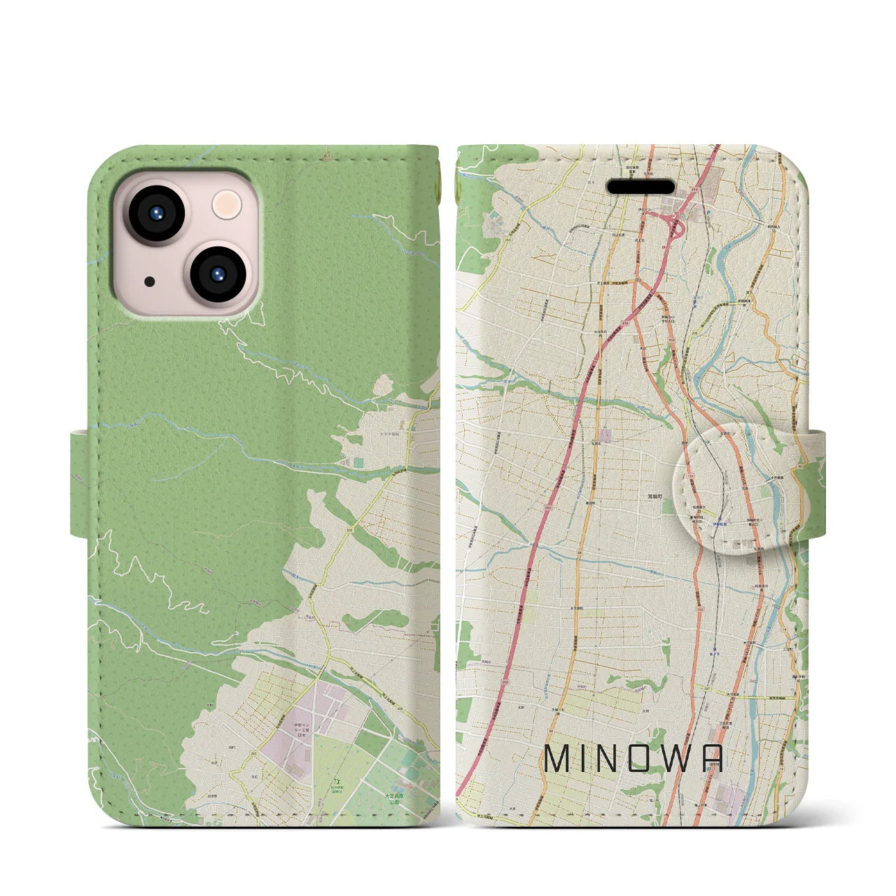 【箕輪(長野県)】地図柄iPhoneケース(手帳タイプ)ナチュラル・iPhone 13 mini 用