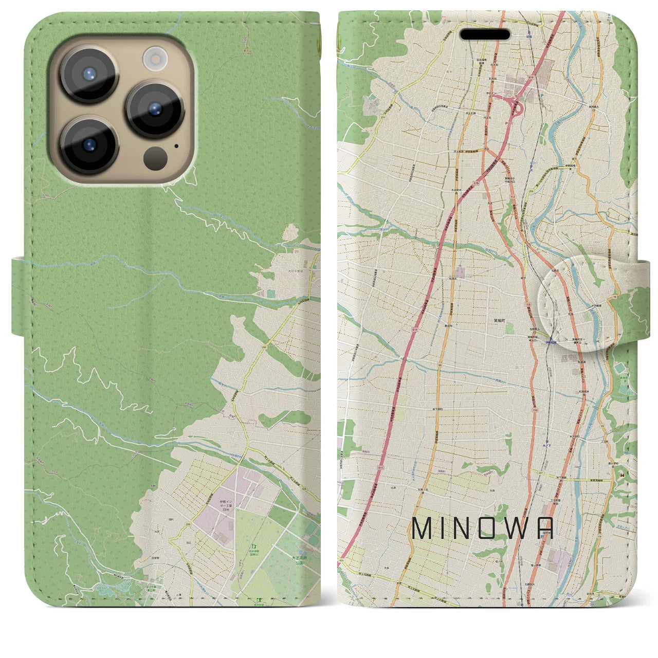 【箕輪(長野県)】地図柄iPhoneケース(手帳タイプ)ナチュラル・iPhone 14 Pro Max 用