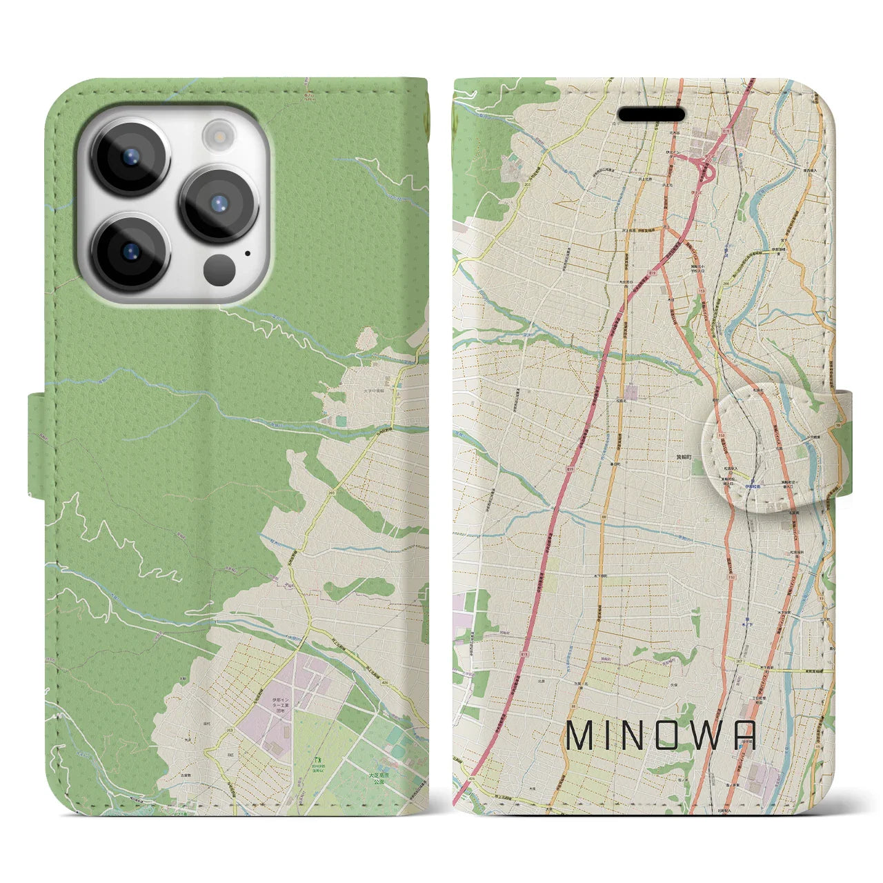 【箕輪(長野県)】地図柄iPhoneケース(手帳タイプ)ナチュラル・iPhone 14 Pro 用