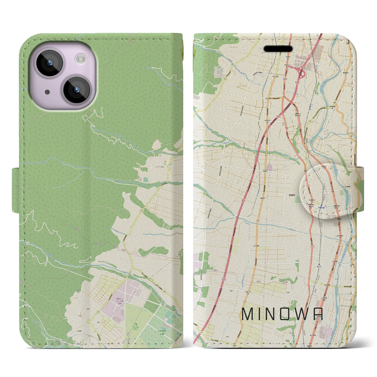 【箕輪(長野県)】地図柄iPhoneケース(手帳タイプ)ナチュラル・iPhone 14 用