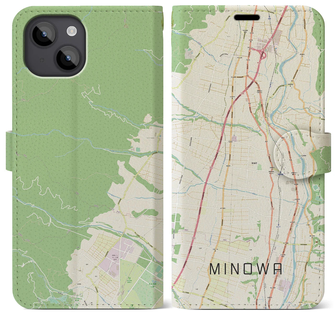 【箕輪(長野県)】地図柄iPhoneケース(手帳タイプ)ナチュラル・iPhone 14 Plus 用