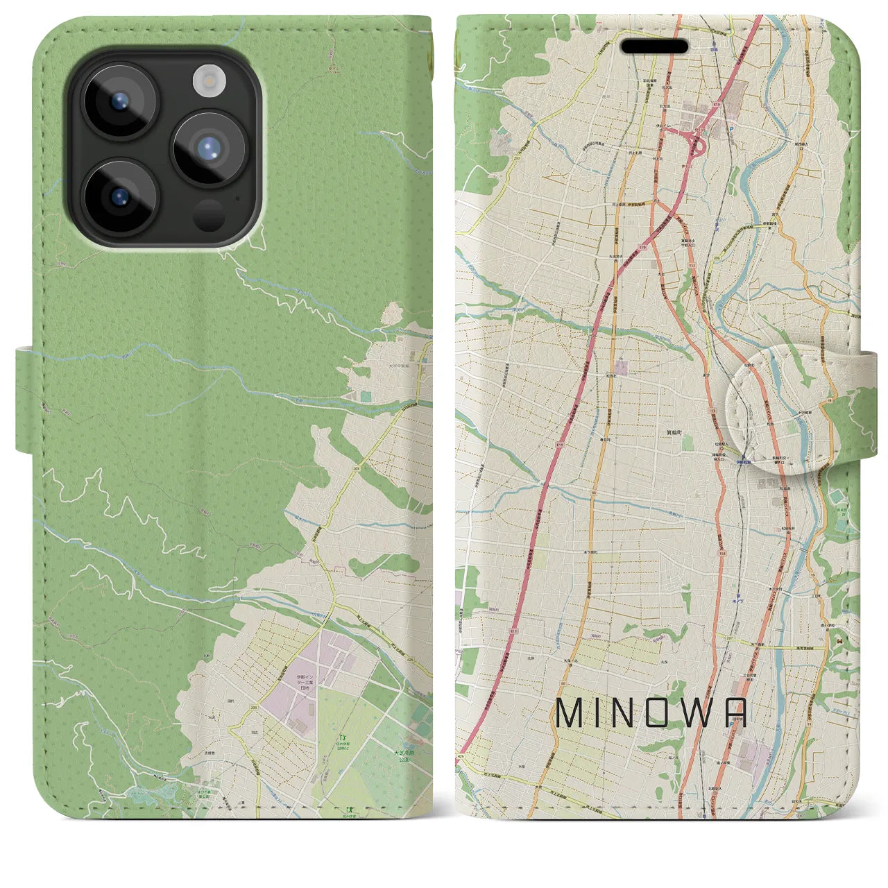 【箕輪(長野県)】地図柄iPhoneケース(手帳タイプ)ナチュラル・iPhone 15 Pro Max 用