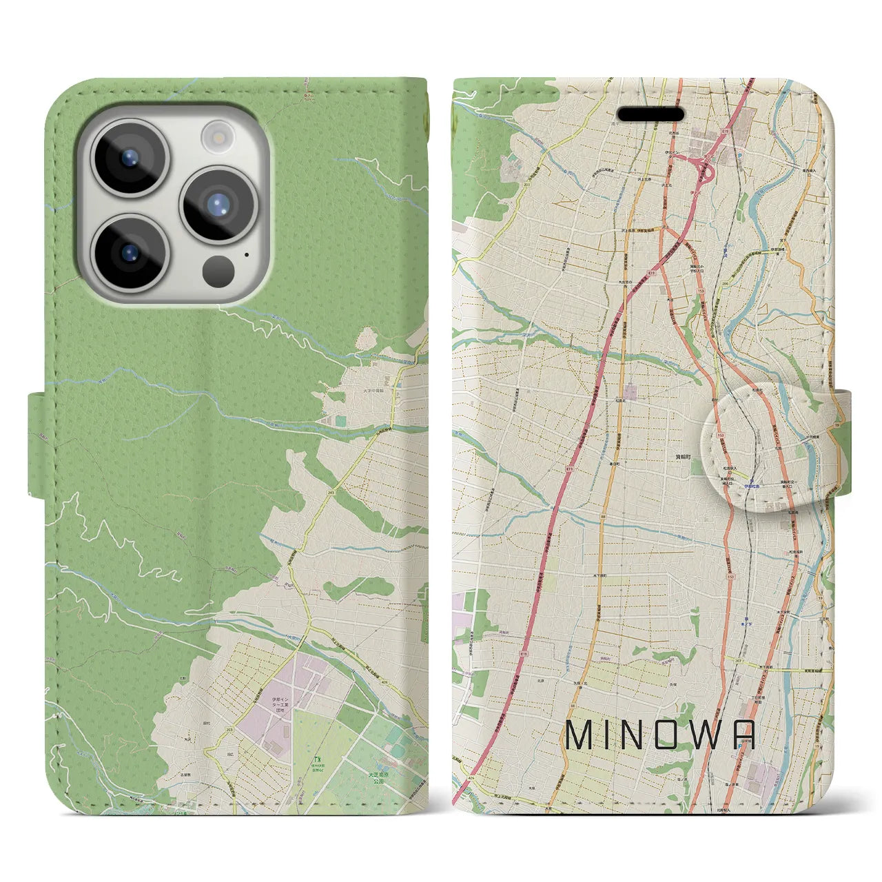 【箕輪(長野県)】地図柄iPhoneケース(手帳タイプ)ナチュラル・iPhone 15 Pro 用