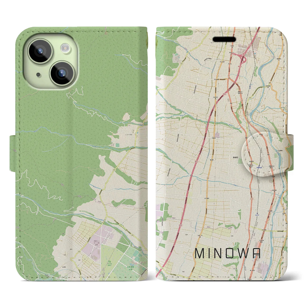 【箕輪(長野県)】地図柄iPhoneケース(手帳タイプ)ナチュラル・iPhone 15 用