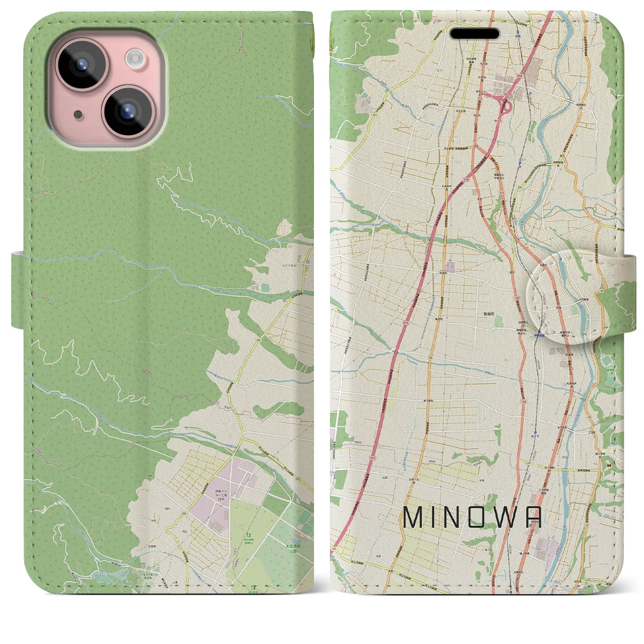 【箕輪(長野県)】地図柄iPhoneケース(手帳タイプ)ナチュラル・iPhone 15 Plus 用