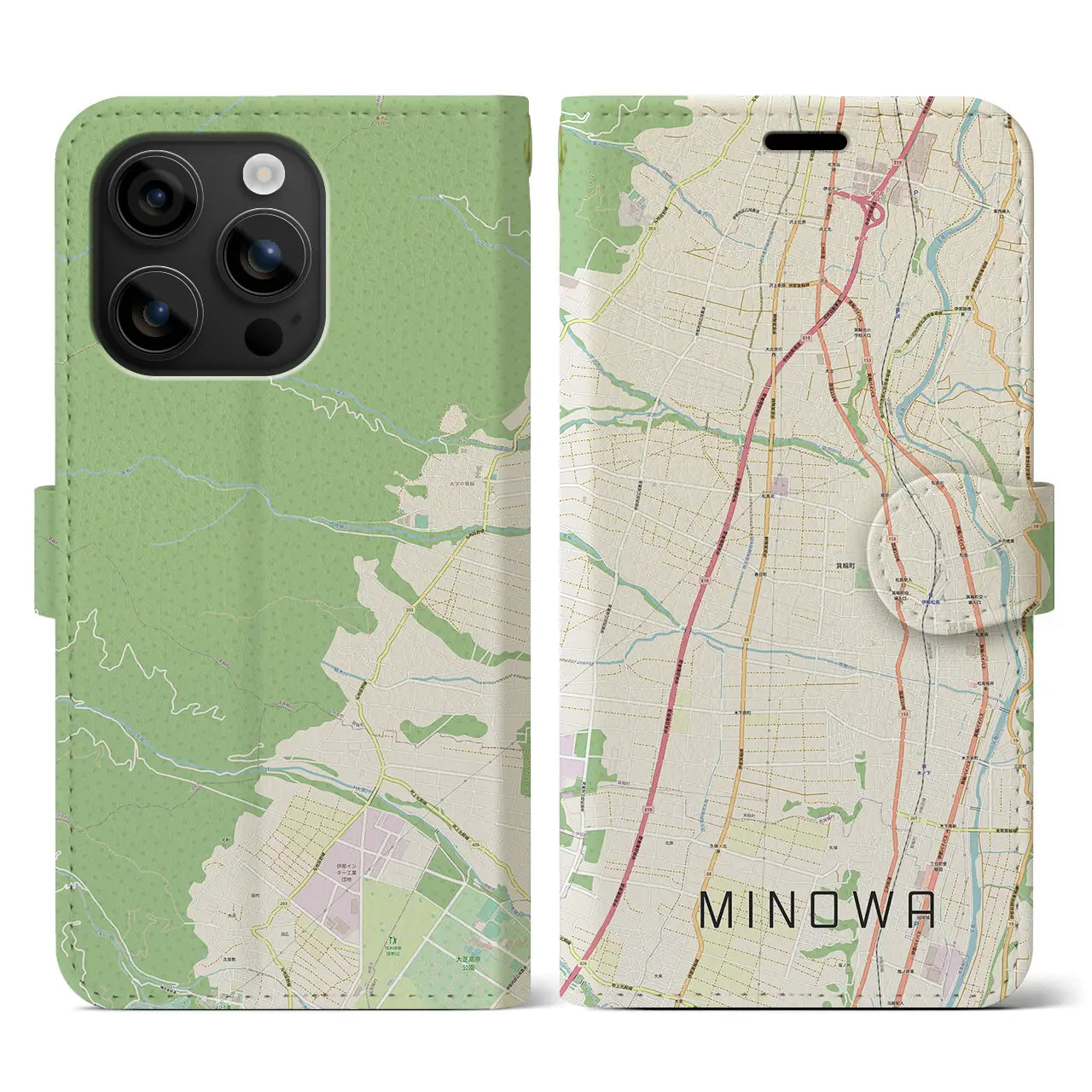【箕輪(長野県)】地図柄iPhoneケース(手帳タイプ)ナチュラル・iPhone 16 用