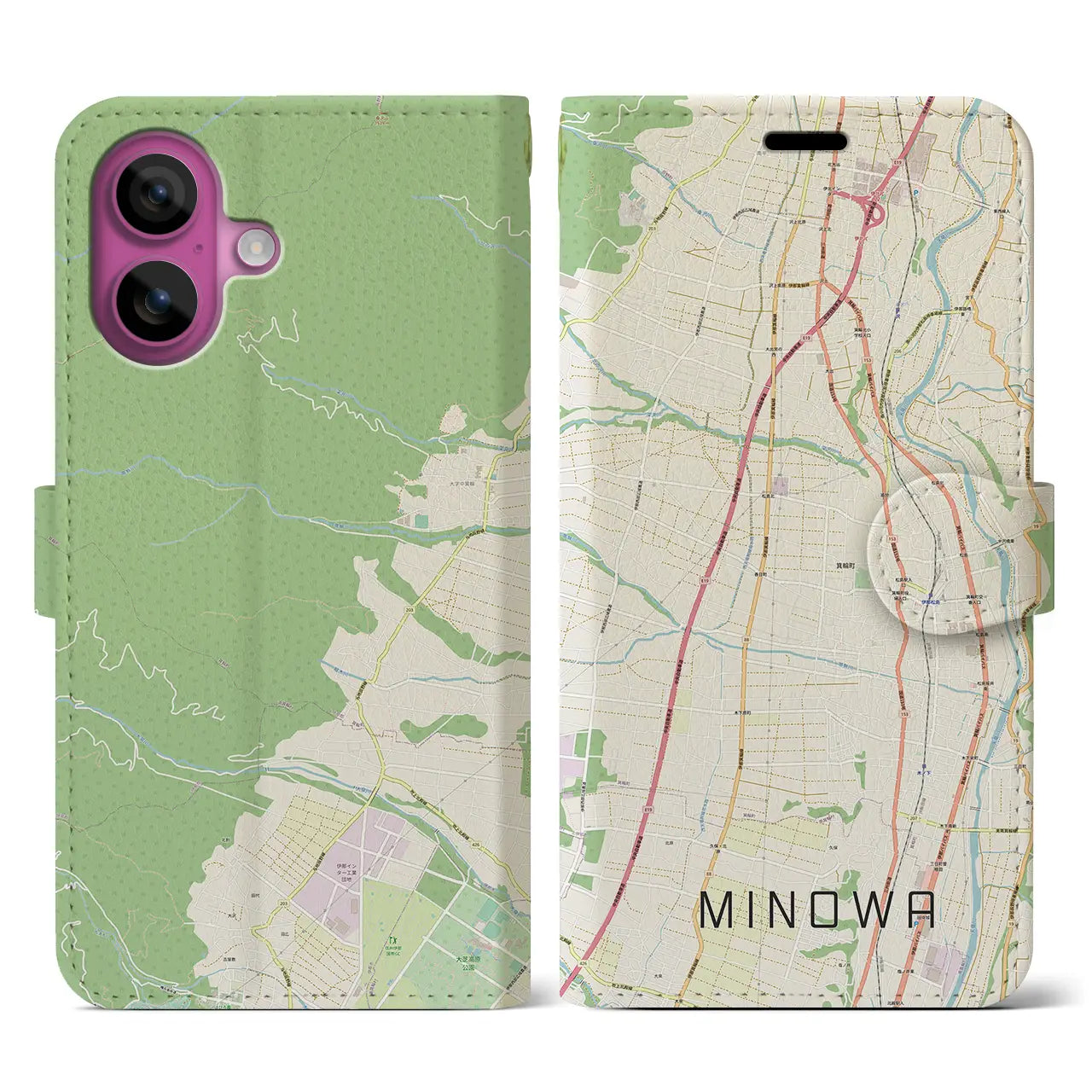 【箕輪(長野県)】地図柄iPhoneケース(手帳タイプ)ナチュラル・iPhone 16 Pro 用