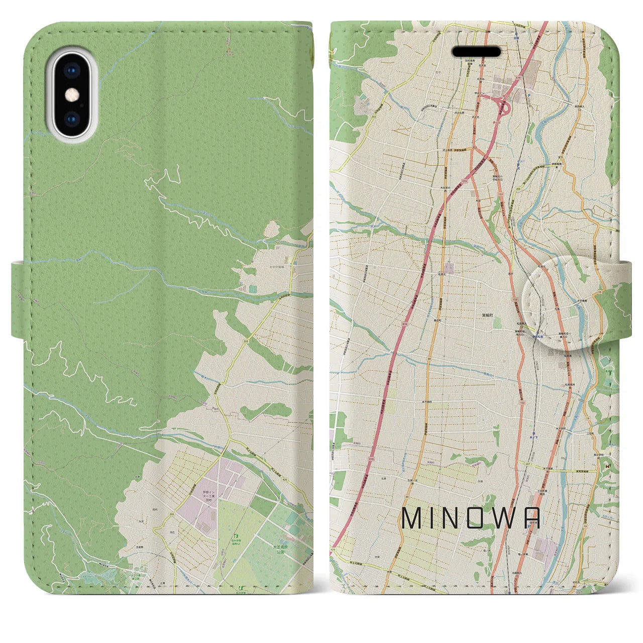 【箕輪(長野県)】地図柄iPhoneケース(手帳タイプ)ナチュラル・iPhone XS Max 用