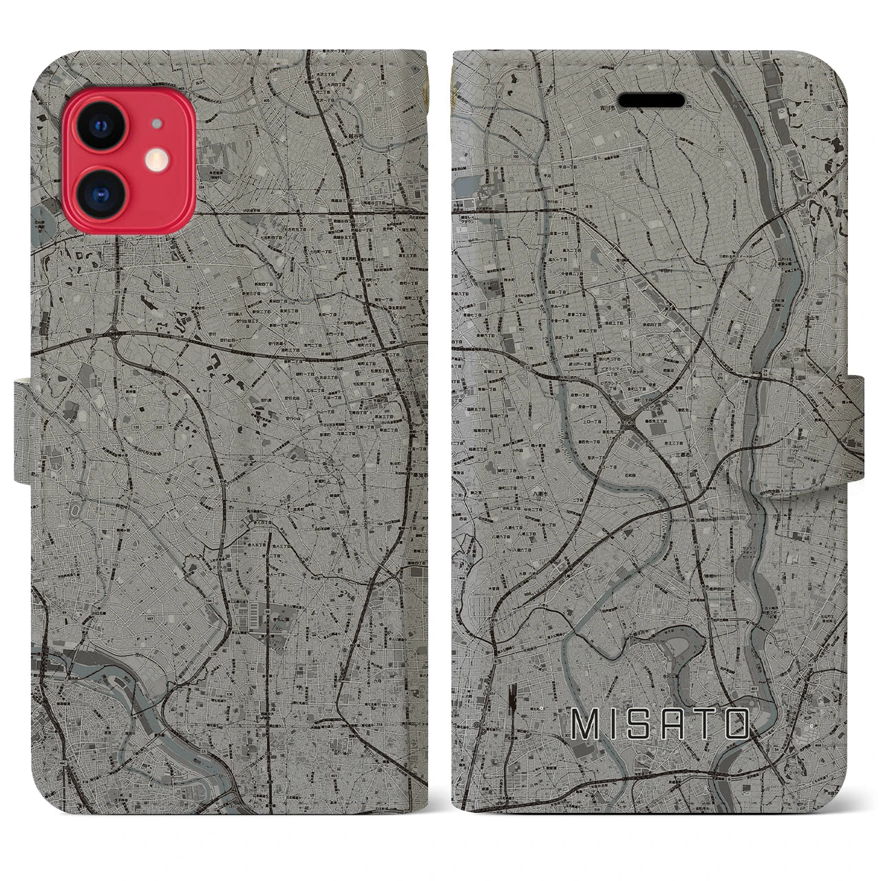 【三郷(埼玉県)】地図柄iPhoneケース(手帳タイプ)モノトーン・iPhone 11 用