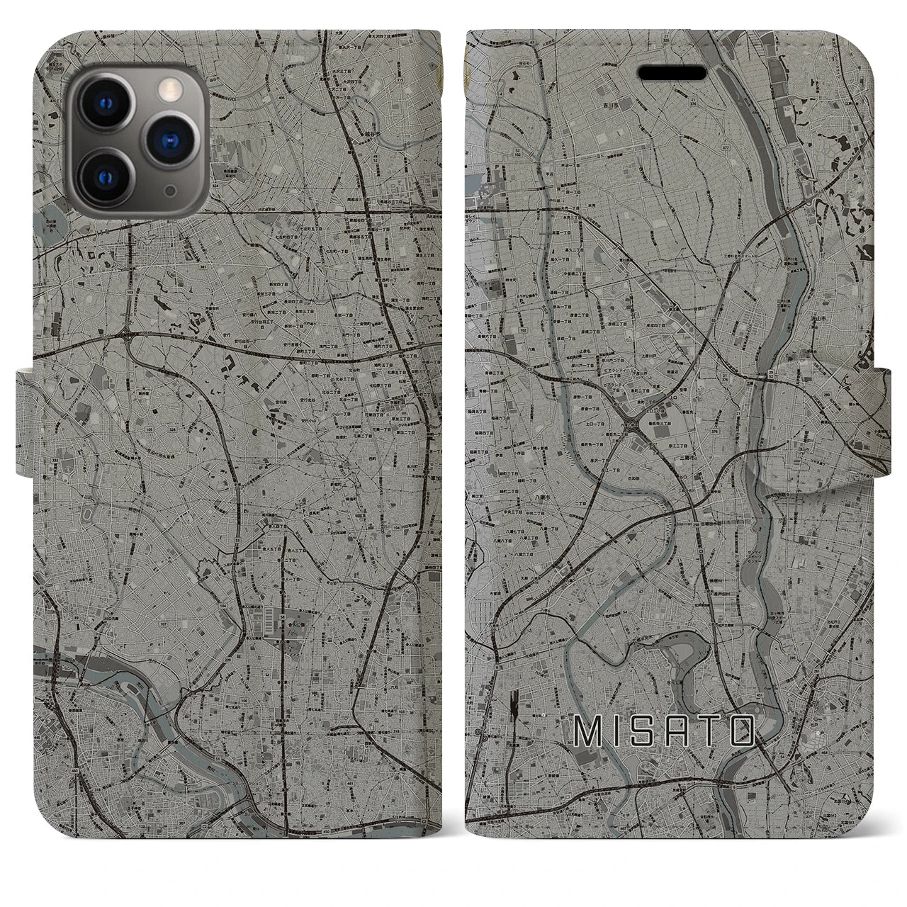 【三郷(埼玉県)】地図柄iPhoneケース(手帳タイプ)モノトーン・iPhone 11 Pro Max 用