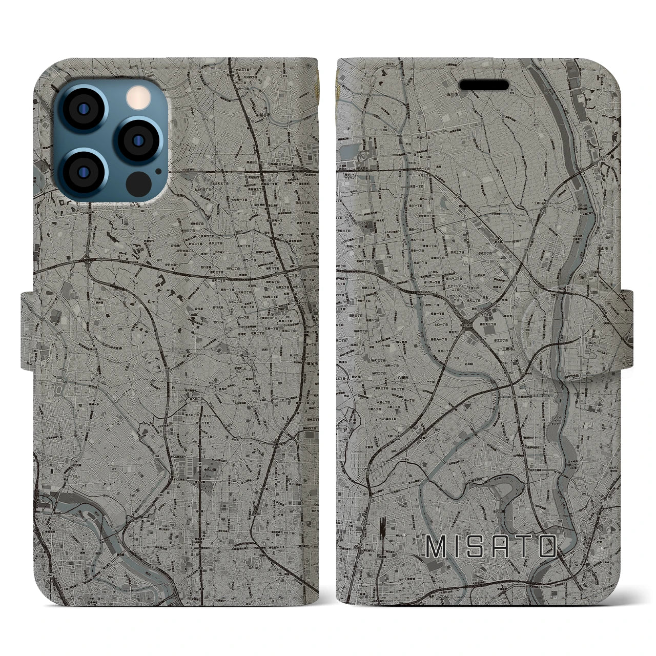 【三郷(埼玉県)】地図柄iPhoneケース(手帳タイプ)モノトーン・iPhone 12 / 12 Pro 用