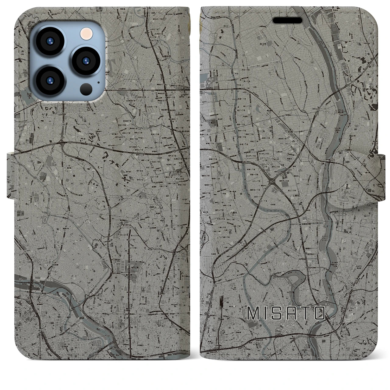 【三郷(埼玉県)】地図柄iPhoneケース(手帳タイプ)モノトーン・iPhone 13 Pro Max 用