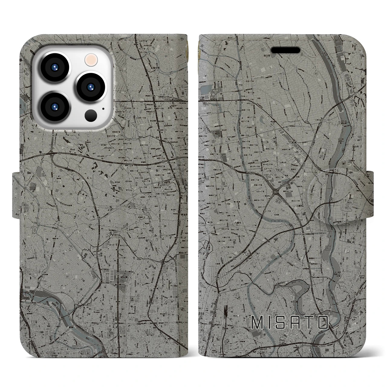 【三郷(埼玉県)】地図柄iPhoneケース(手帳タイプ)モノトーン・iPhone 13 Pro 用
