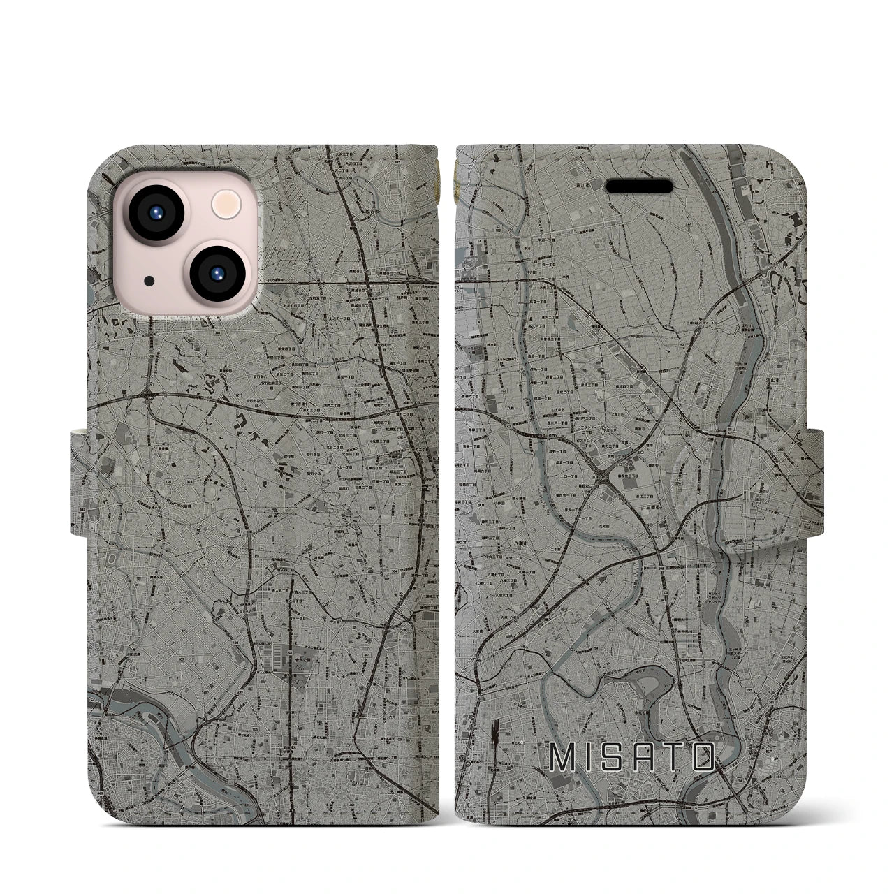 【三郷(埼玉県)】地図柄iPhoneケース(手帳タイプ)モノトーン・iPhone 13 mini 用