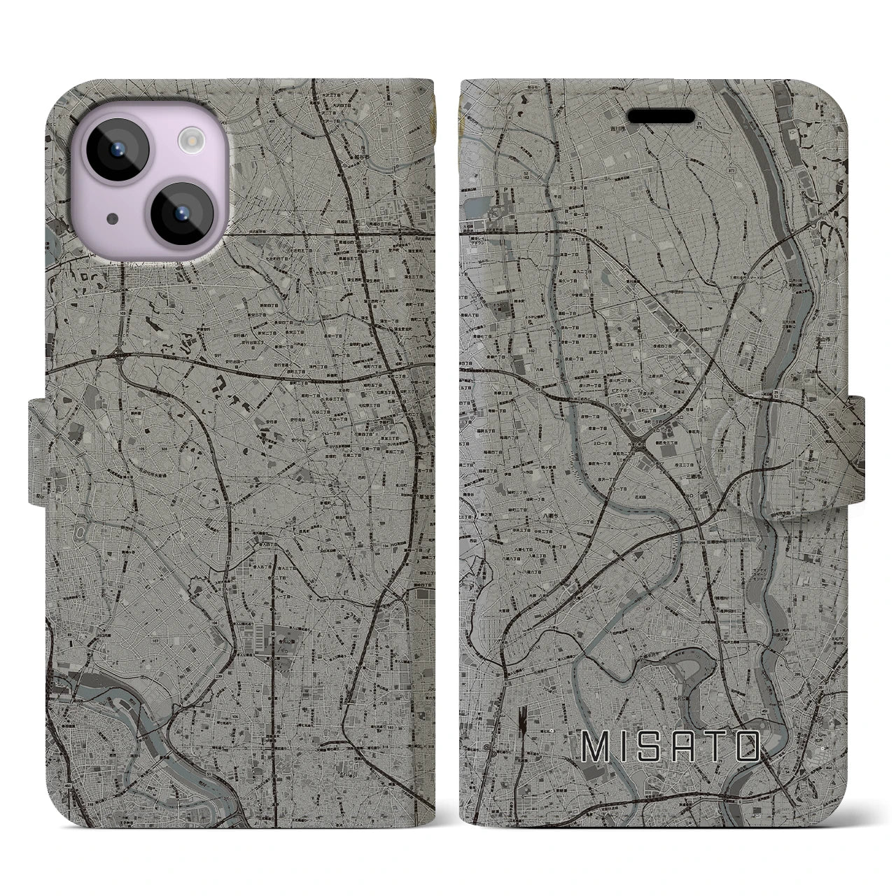 【三郷(埼玉県)】地図柄iPhoneケース(手帳タイプ)モノトーン・iPhone 14 用