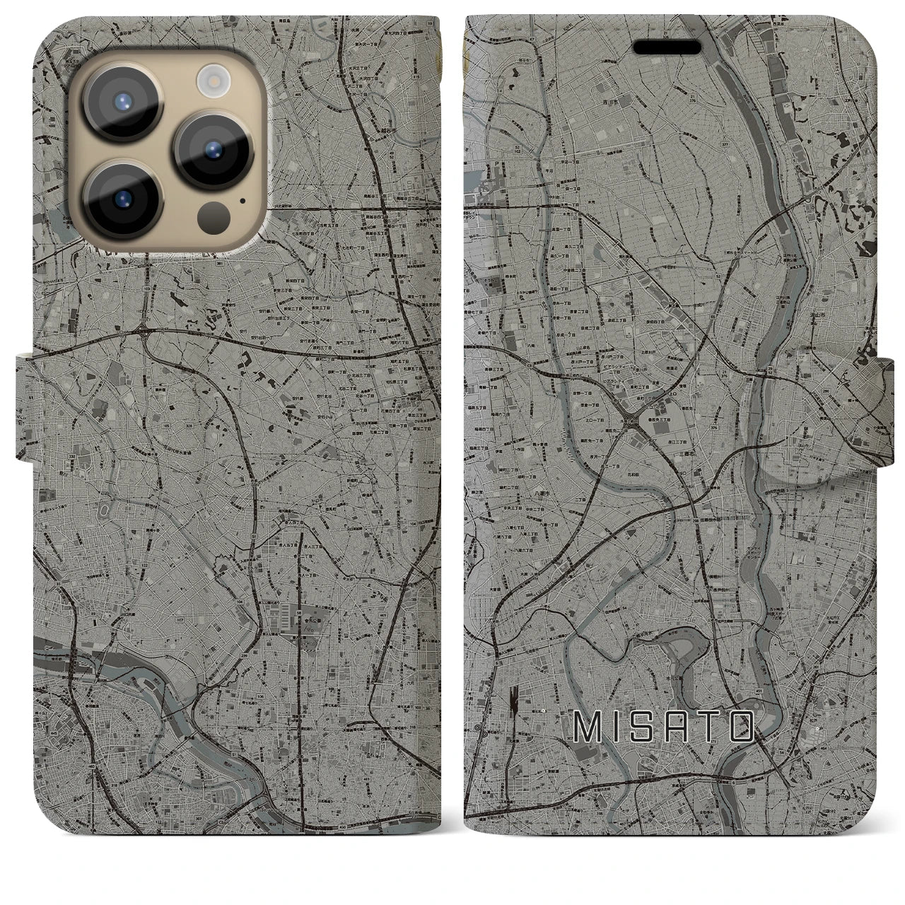 【三郷(埼玉県)】地図柄iPhoneケース(手帳タイプ)モノトーン・iPhone 14 Pro Max 用