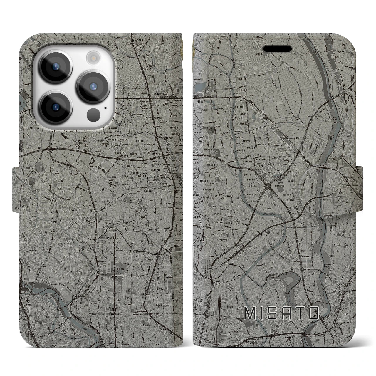 【三郷(埼玉県)】地図柄iPhoneケース(手帳タイプ)モノトーン・iPhone 14 Pro 用