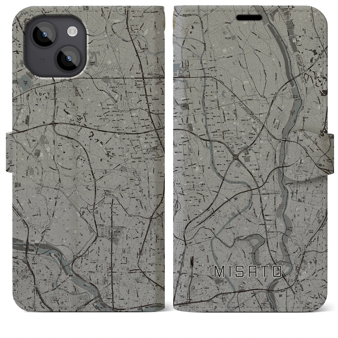【三郷(埼玉県)】地図柄iPhoneケース(手帳タイプ)モノトーン・iPhone 14 Plus 用