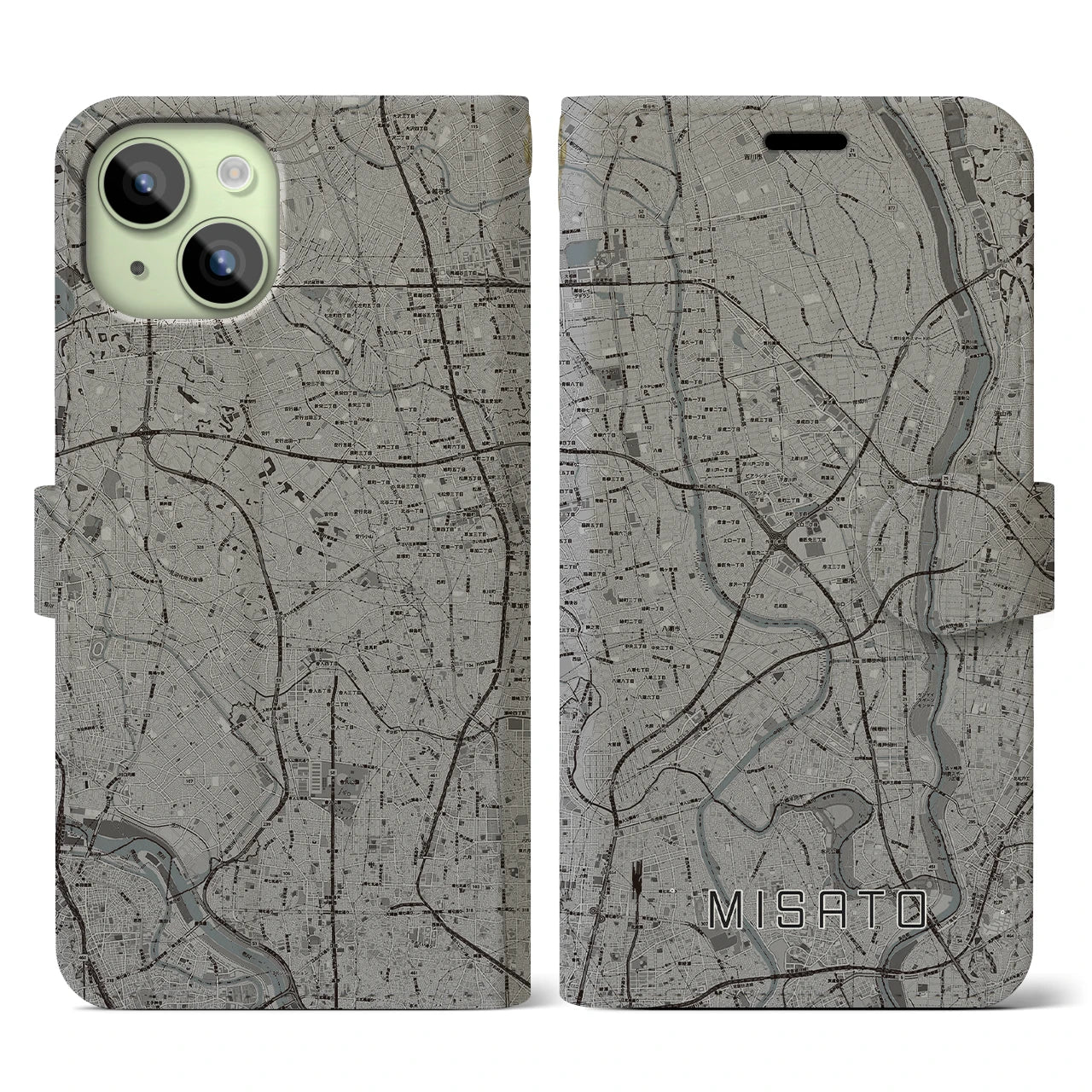 【三郷(埼玉県)】地図柄iPhoneケース(手帳タイプ)モノトーン・iPhone 15 用