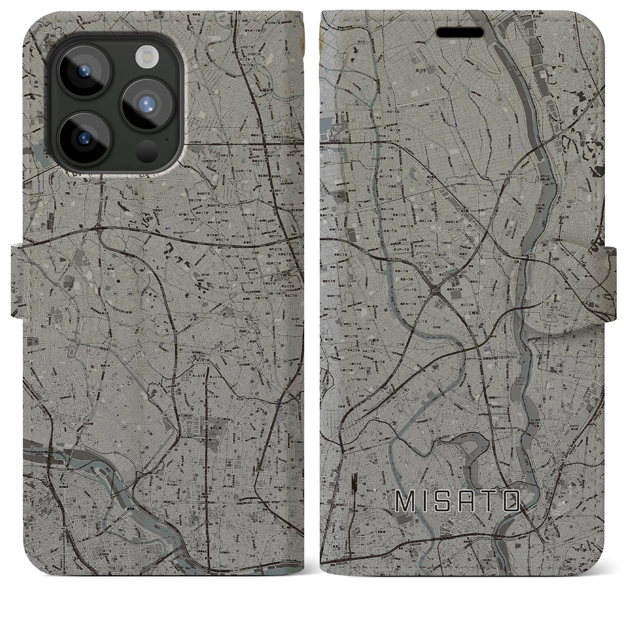 【三郷(埼玉県)】地図柄iPhoneケース(手帳タイプ)モノトーン・iPhone 15 Pro Max 用