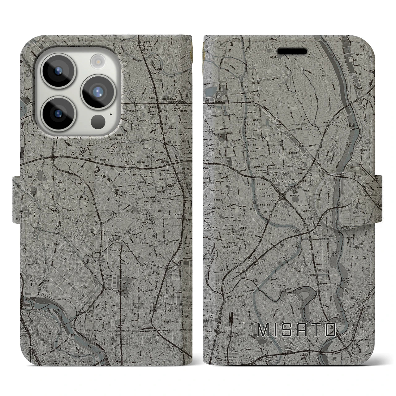 【三郷(埼玉県)】地図柄iPhoneケース(手帳タイプ)モノトーン・iPhone 15 Pro 用