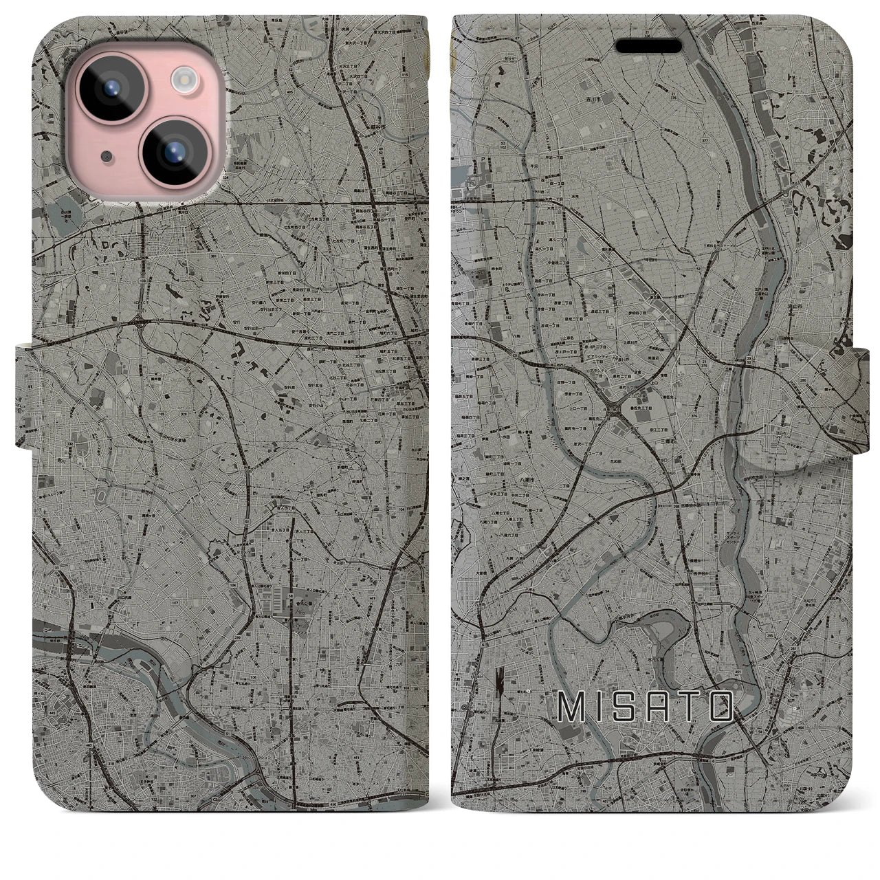 【三郷(埼玉県)】地図柄iPhoneケース(手帳タイプ)モノトーン・iPhone 15 Plus 用