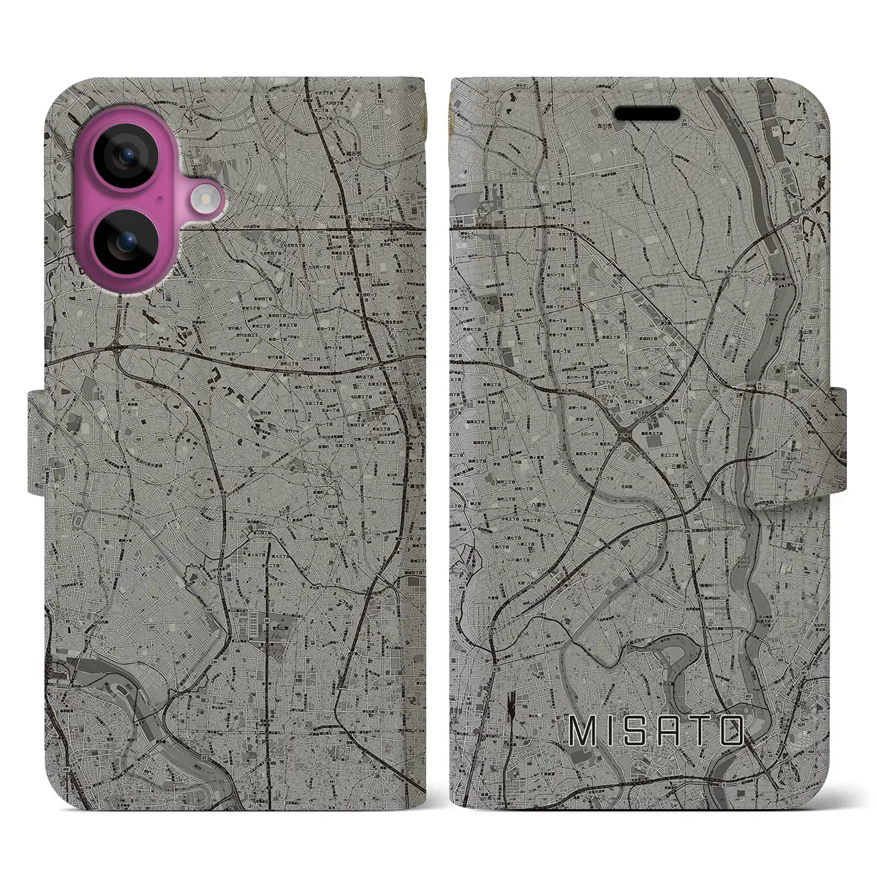 【三郷(埼玉県)】地図柄iPhoneケース(手帳タイプ)モノトーン・iPhone 16 Pro 用