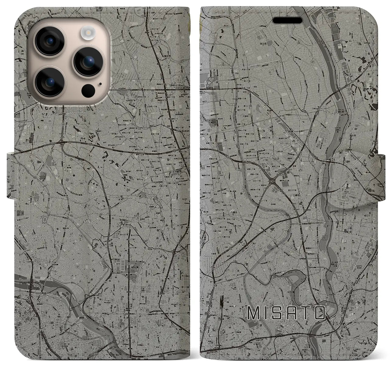 【三郷(埼玉県)】地図柄iPhoneケース(手帳タイプ)モノトーン・iPhone 16 Plus 用