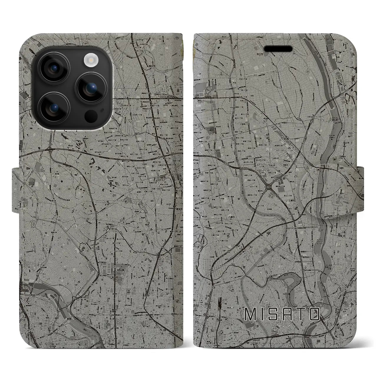 【三郷(埼玉県)】地図柄iPhoneケース(手帳タイプ)モノトーン・iPhone 16 用
