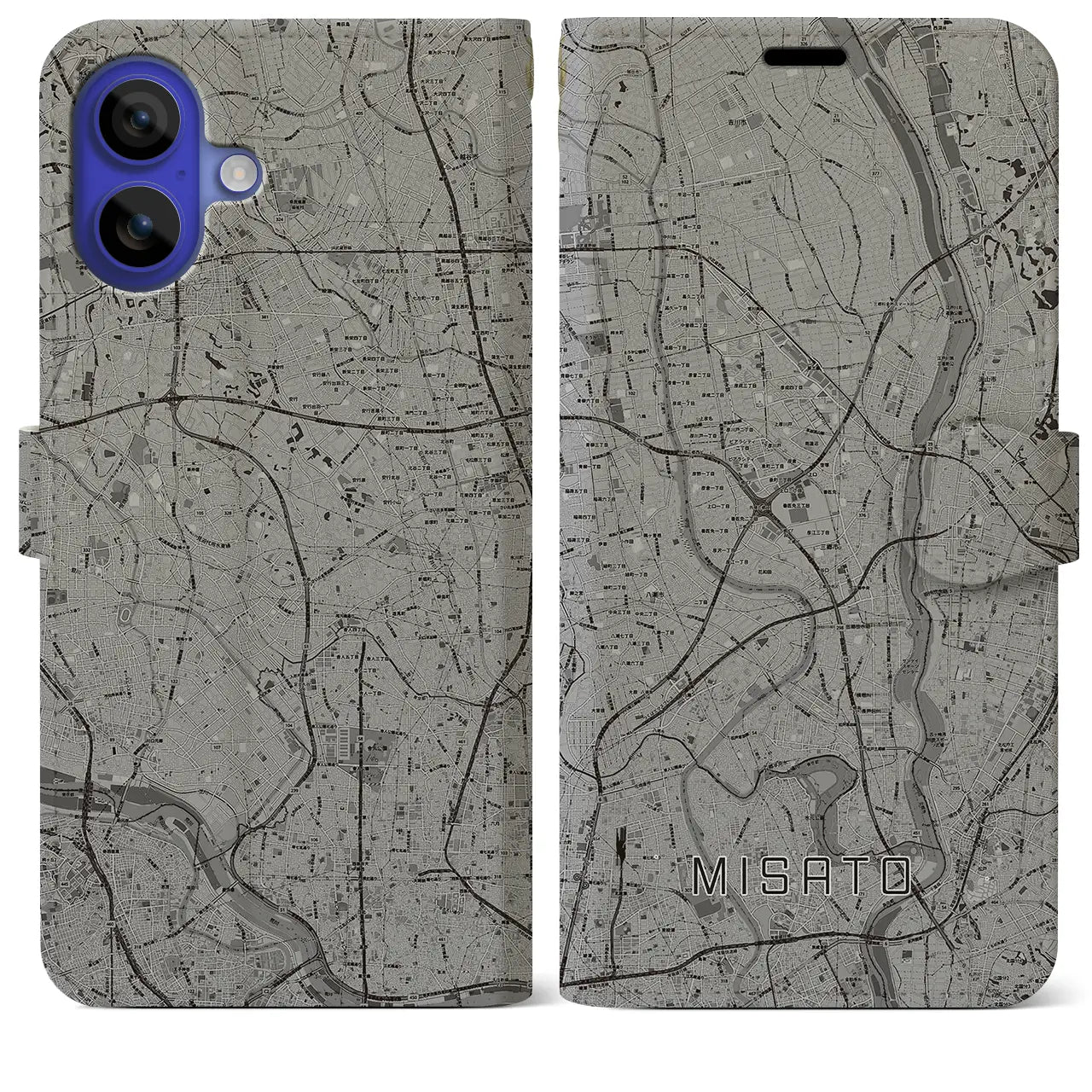 【三郷(埼玉県)】地図柄iPhoneケース(手帳タイプ)モノトーン・iPhone 16 Pro Max 用