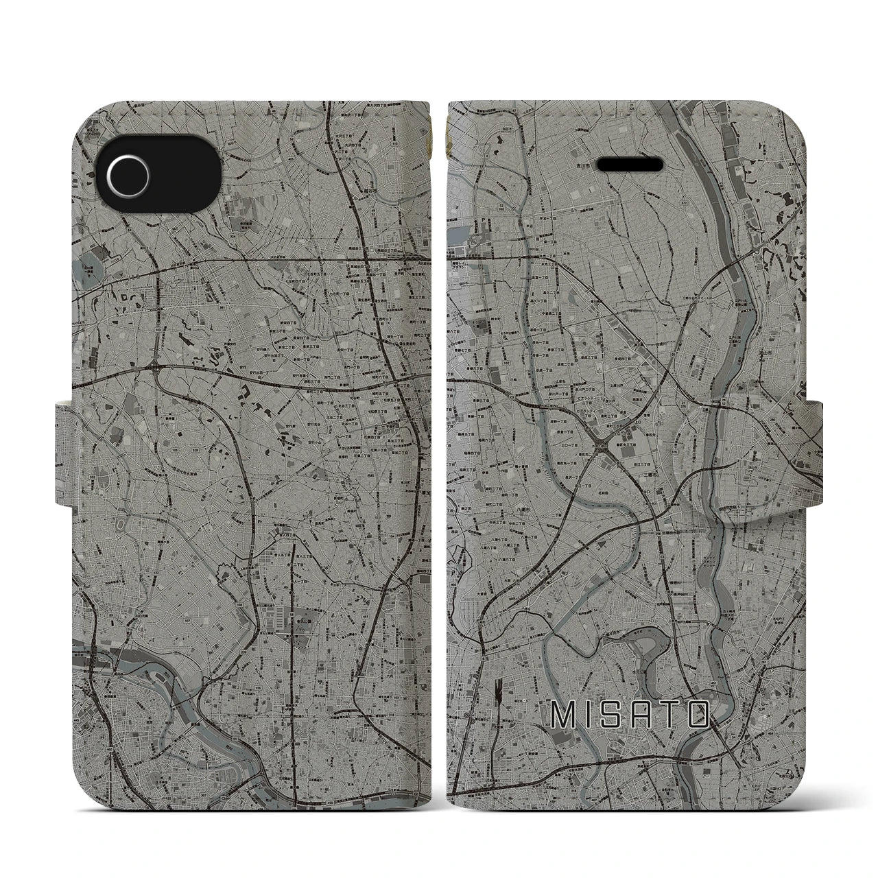 【三郷(埼玉県)】地図柄iPhoneケース(手帳タイプ)モノトーン・iPhone SE(第3 / 第2世代) / 8 / 7 / 6s / 6 用