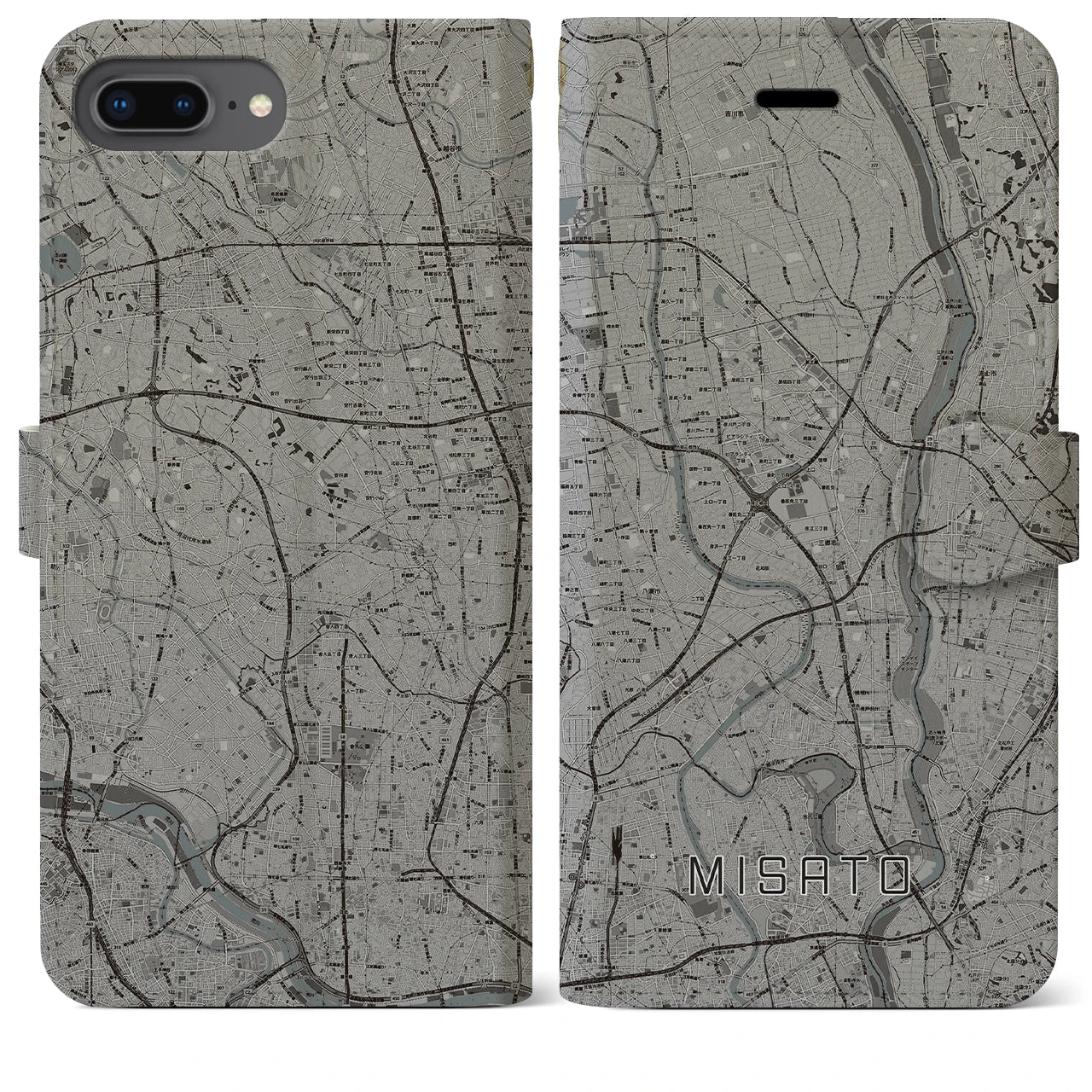 【三郷(埼玉県)】地図柄iPhoneケース(手帳タイプ)モノトーン・iPhone 8Plus /7Plus / 6sPlus / 6Plus 用