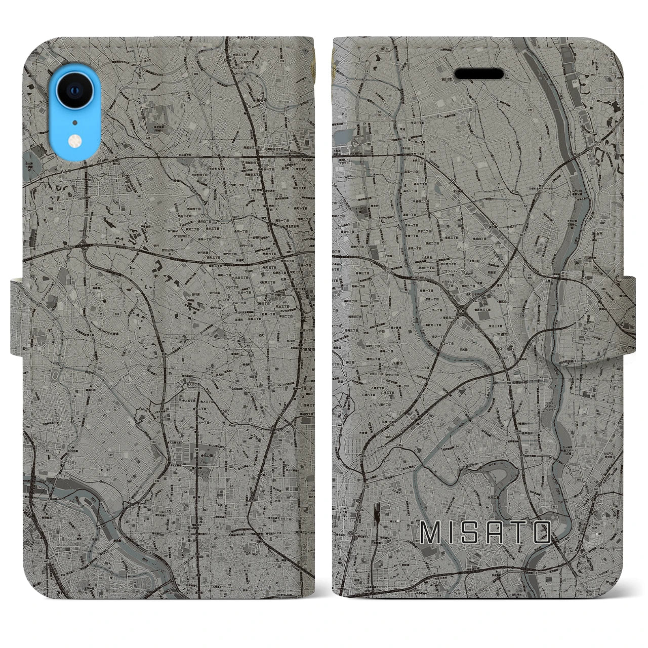 【三郷(埼玉県)】地図柄iPhoneケース(手帳タイプ)モノトーン・iPhone XR 用