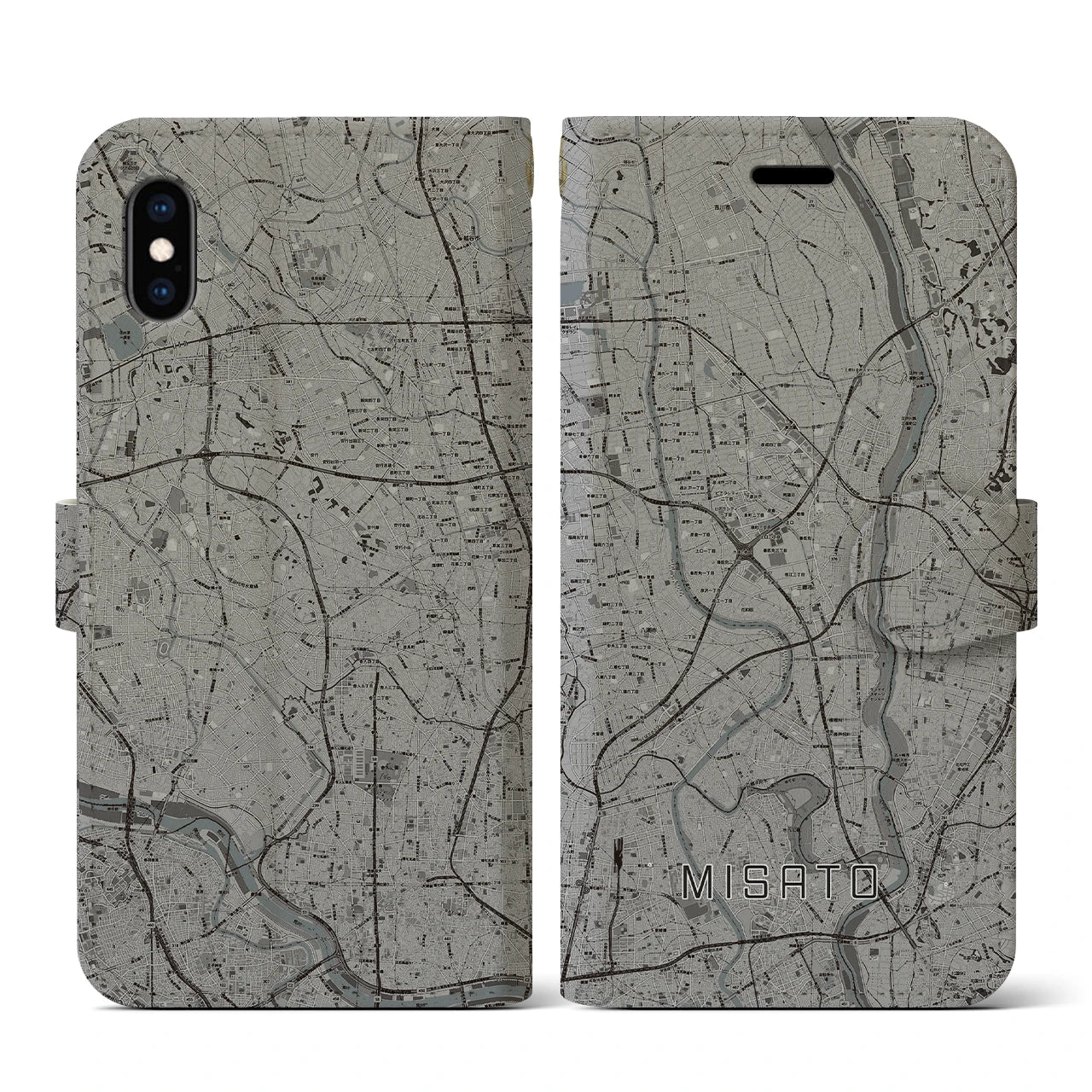 【三郷(埼玉県)】地図柄iPhoneケース(手帳タイプ)モノトーン・iPhone XS / X 用