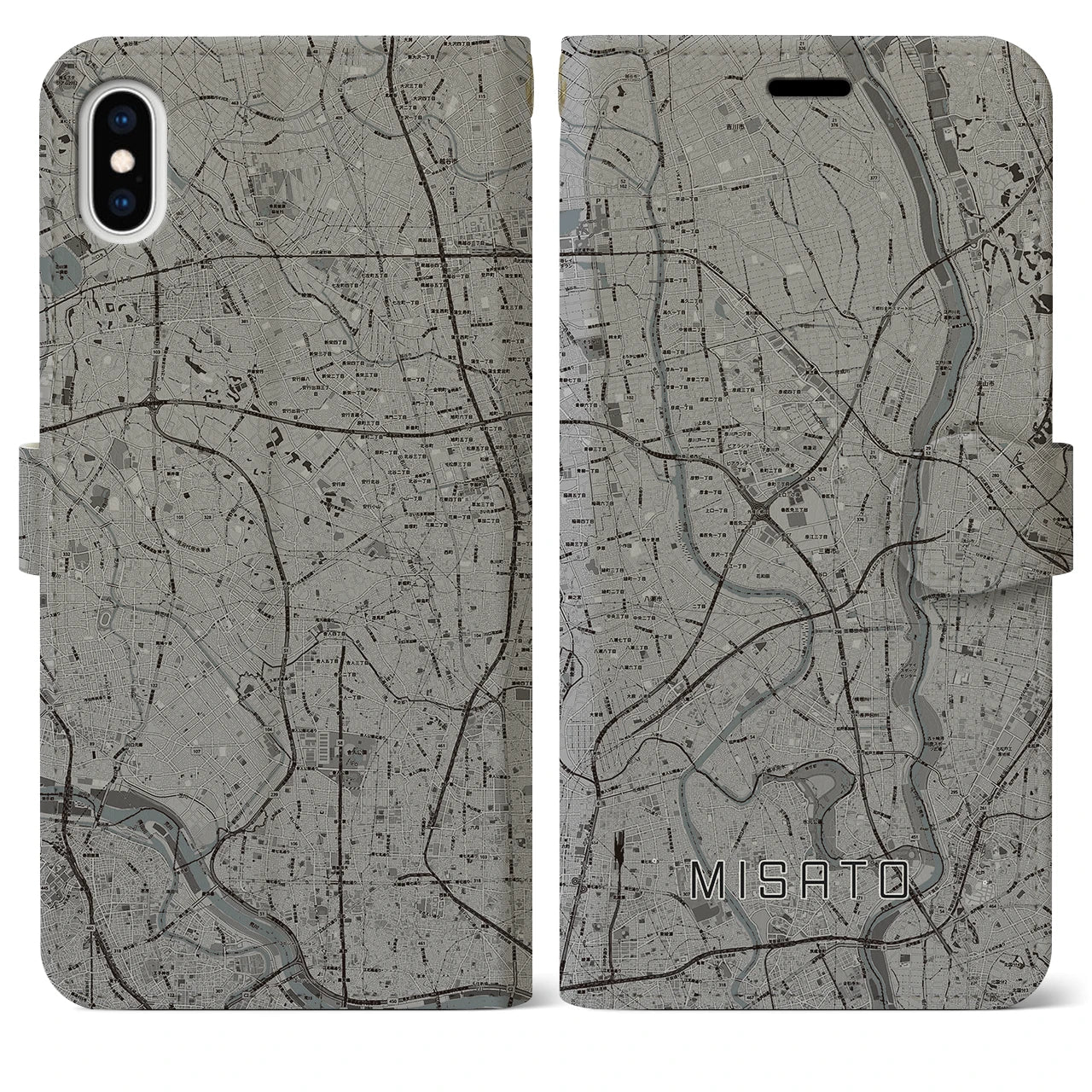 【三郷(埼玉県)】地図柄iPhoneケース(手帳タイプ)モノトーン・iPhone XS Max 用