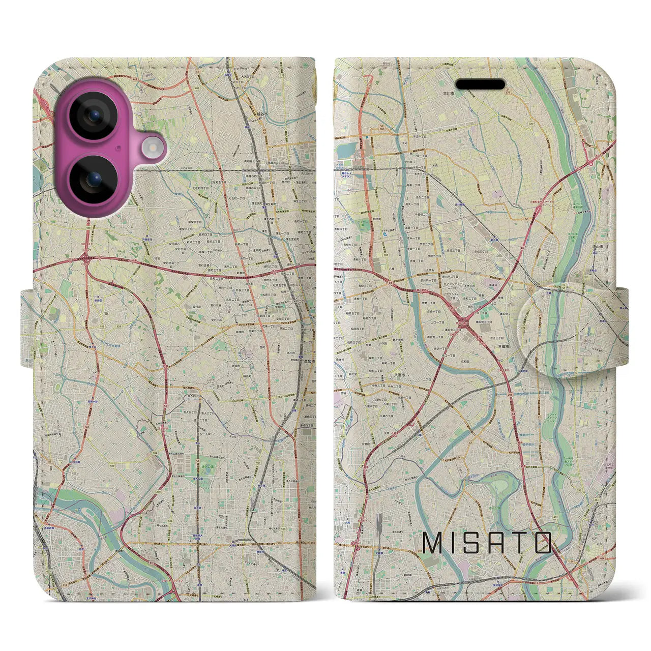 【三郷(埼玉県)】地図柄iPhoneケース(手帳タイプ)ナチュラル・iPhone 16 Pro 用