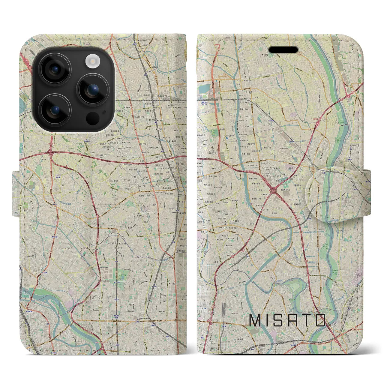 【三郷(埼玉県)】地図柄iPhoneケース(手帳タイプ)ナチュラル・iPhone 16 用