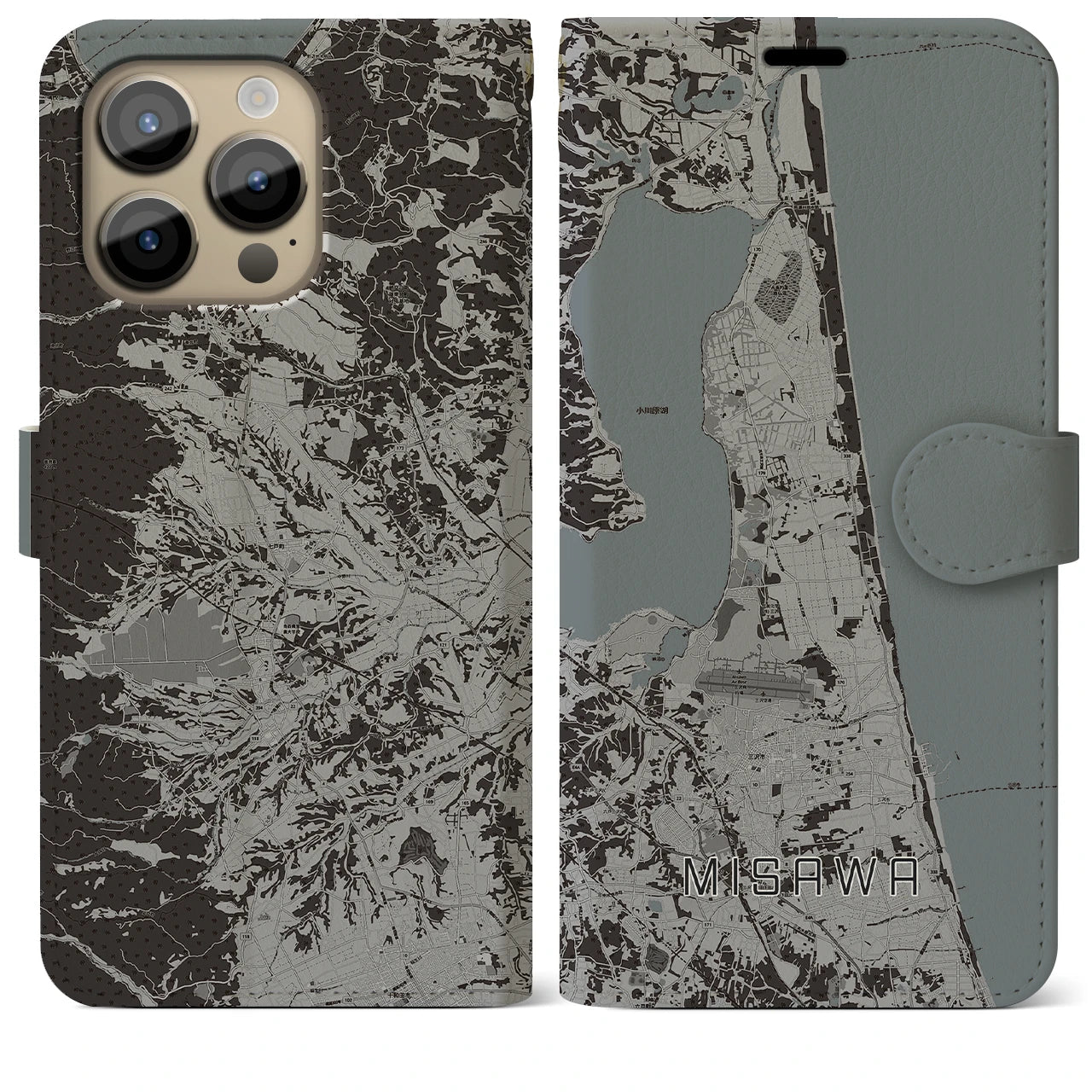 【三沢(青森県)】地図柄iPhoneケース(手帳タイプ)モノトーン・iPhone 14 Pro Max 用