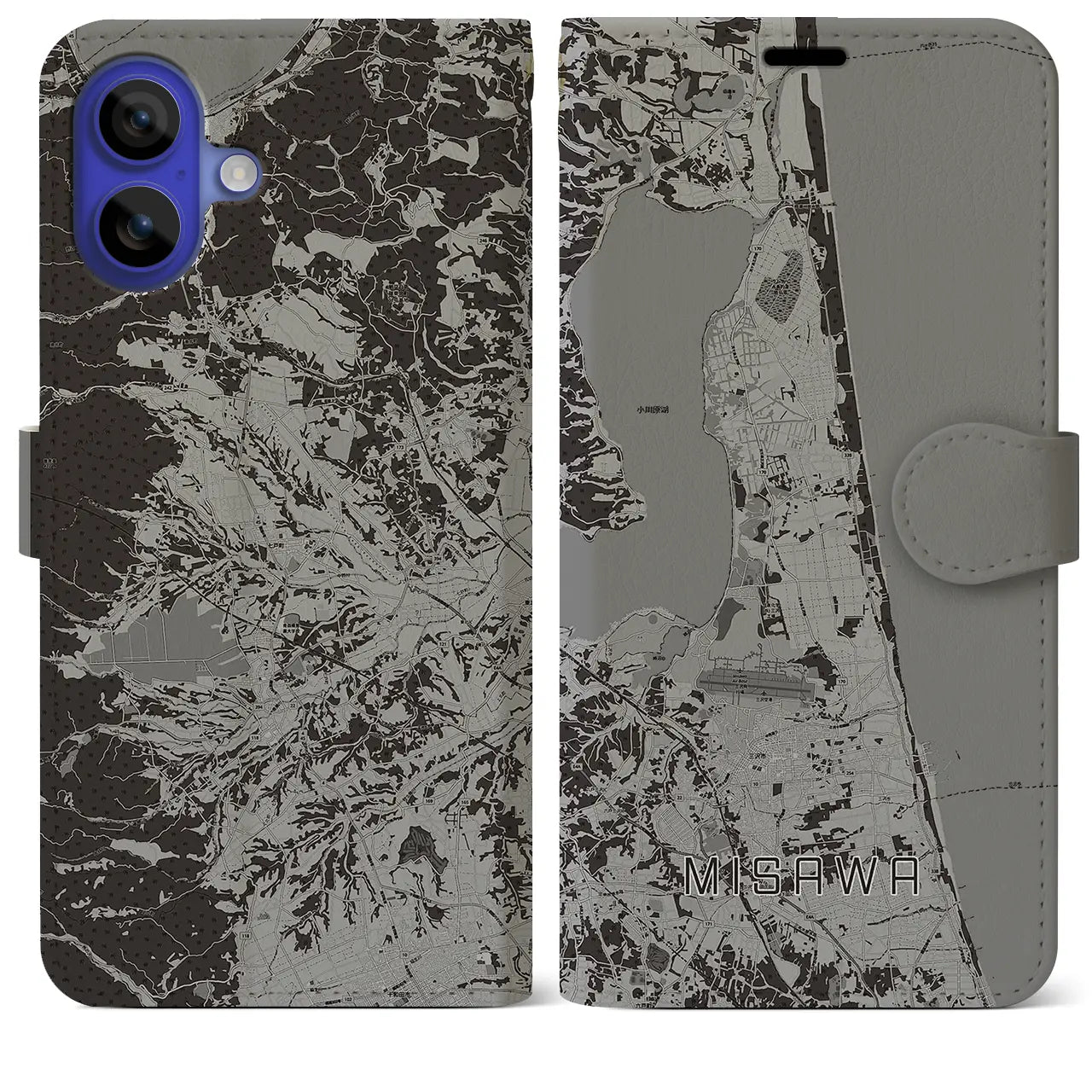【三沢(青森県)】地図柄iPhoneケース(手帳タイプ)モノトーン・iPhone 16 Pro Max 用